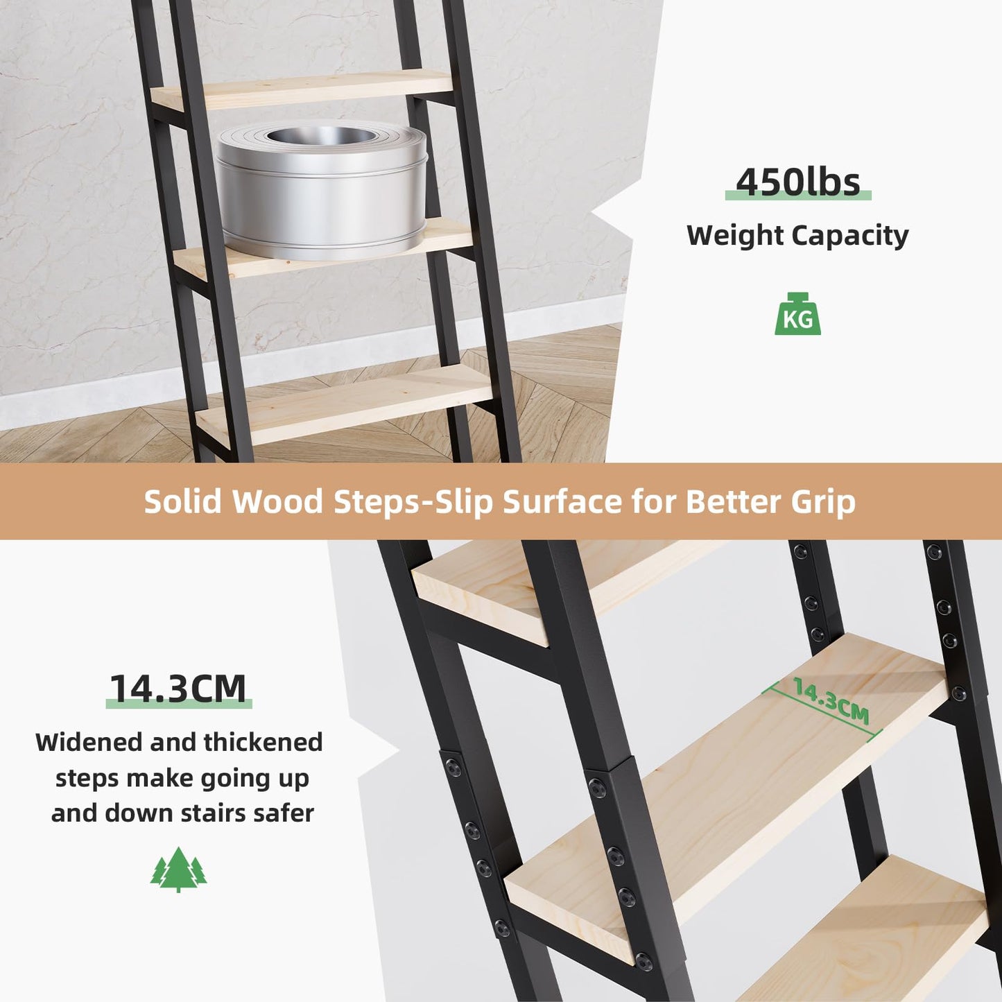 9.35FT Industrial Style Loft Ladder, 7 Steps with Black Steel Handrails & Solid Wood Steps, 450lbs Capacity, Fits 7.2-8FT Installation Height, for Attic, Kitchen, Warehouse, Bookshelf& Outdoor