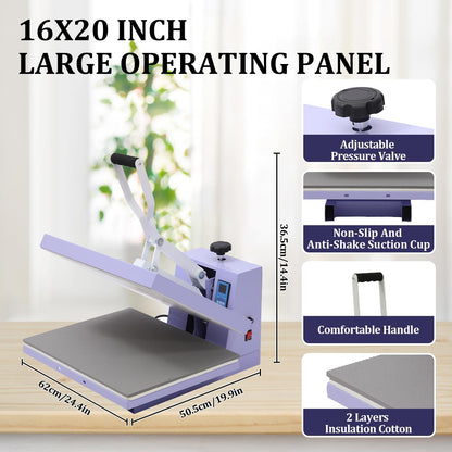 Heat Press 16x20, Heat Press Machine for T-Shirts with Fast Heating & Adjustable Pressure, Digital Industrial Sublimation Heat Transfer Machine for Canvas, Bags, Hats, Pillows