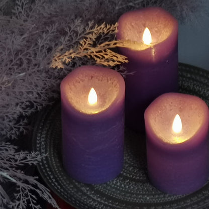 iZAN 3 Pack Real Wax Flameless Candles Battery Operated LED Pillar Flickering Realistic Electric Candle Gift Sets with Remote Control and Cycling 24 Hours Timer 3”D X 4" 5" 6" H (Purple)