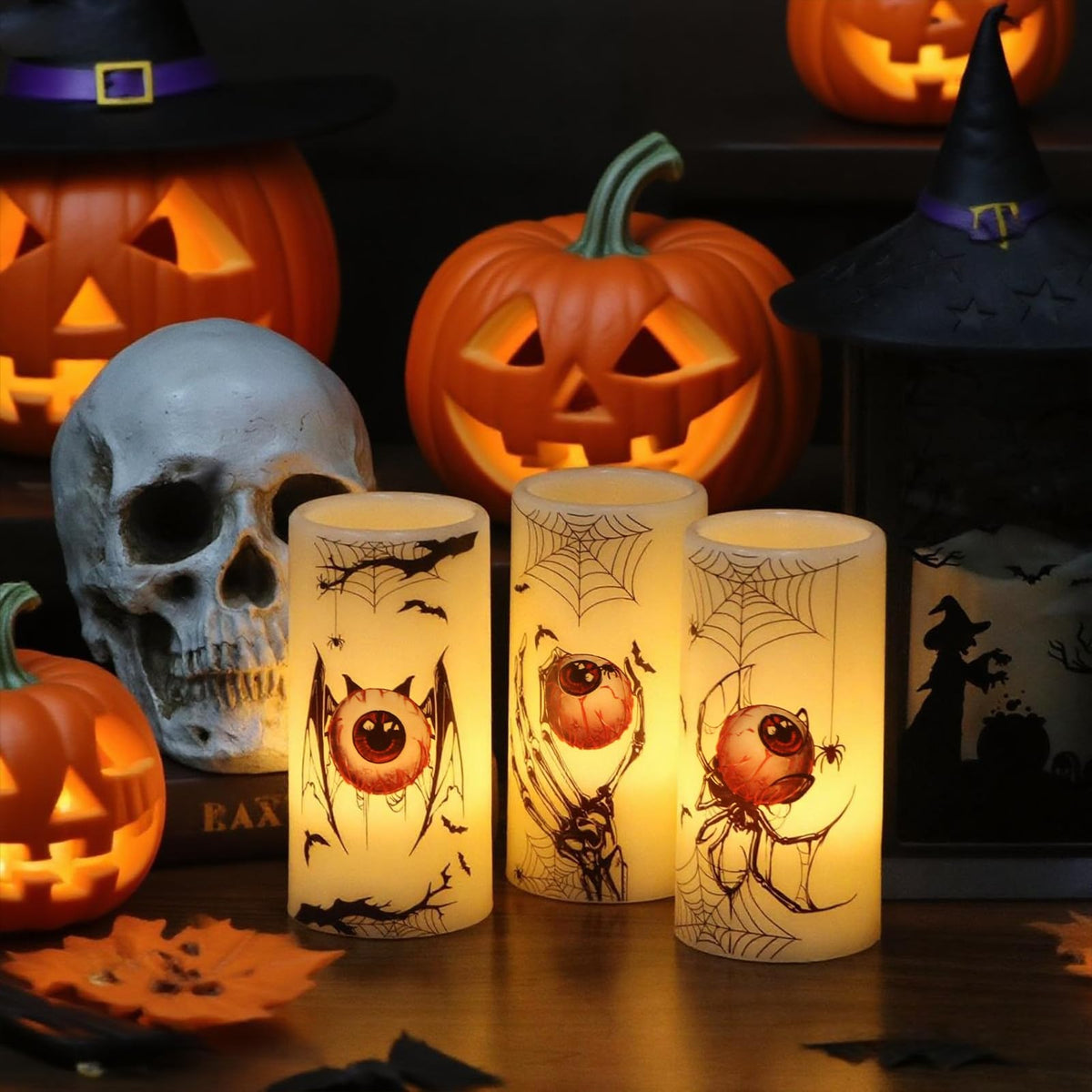 Eldnacele Halloween Flameless Flickering Candles with Timer, Battery Operated Spider Eyeballs, Bat Eyeballs, Skeleton Hand Eyeballs Decals Real Wax LED Pillar Candles Horror Spooky Decor(3pcs,D3×H6)