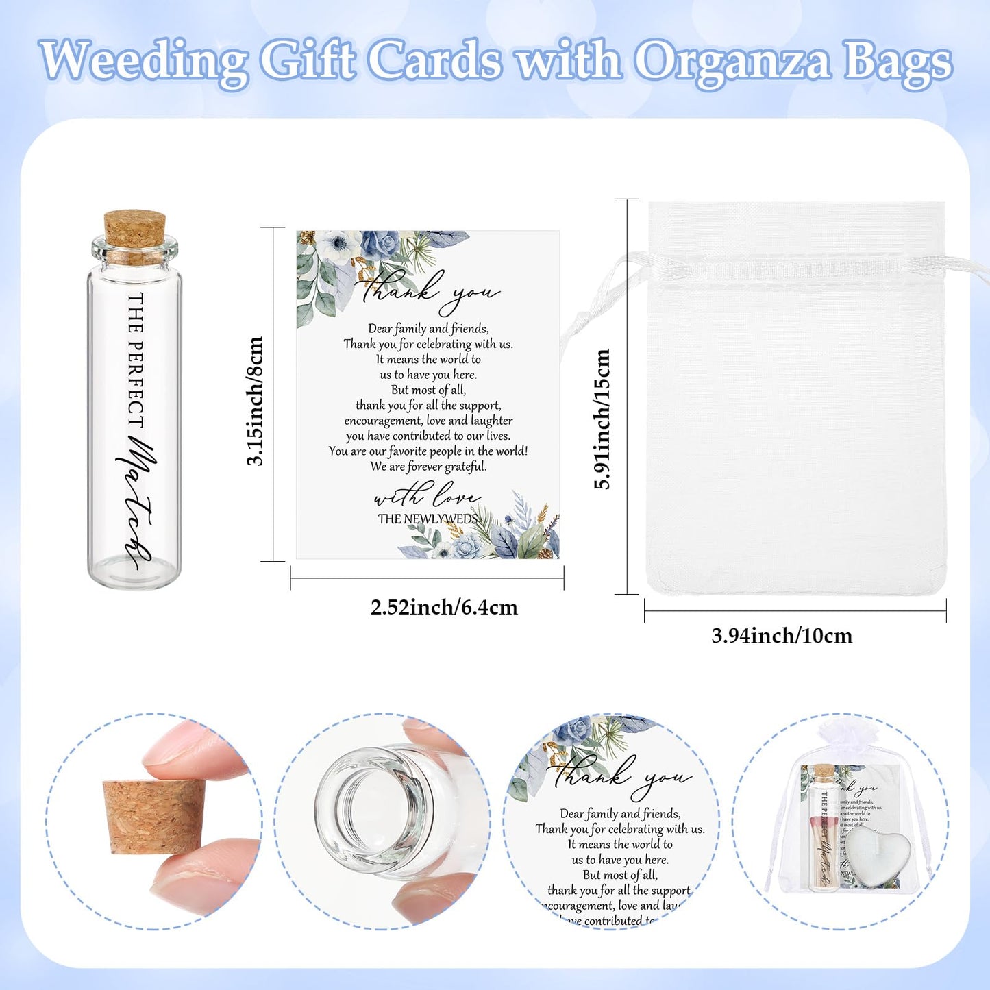 Wovnet 50 Sets Wedding Party Favors for Guests Bulk Including Heart Shaped Candles and Empty Matches Jars with Cork Top Thank You Cards and Organza Bags for Wedding Bridal Shower Party (Blue Flower)