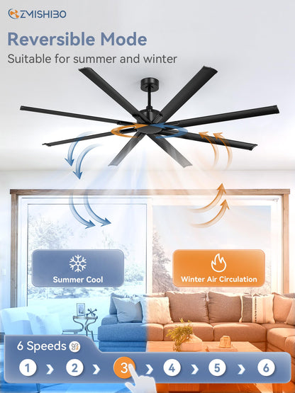 ZMISHIBO 96 Inch Ceiling Fans No Light, Large Industrial Ceiling Fan with 8 Aluminium Blades, Quiet DC Motor, 6 Speeds, Modern Ceiling Fan without Light for Garage/shop/living room,Black
