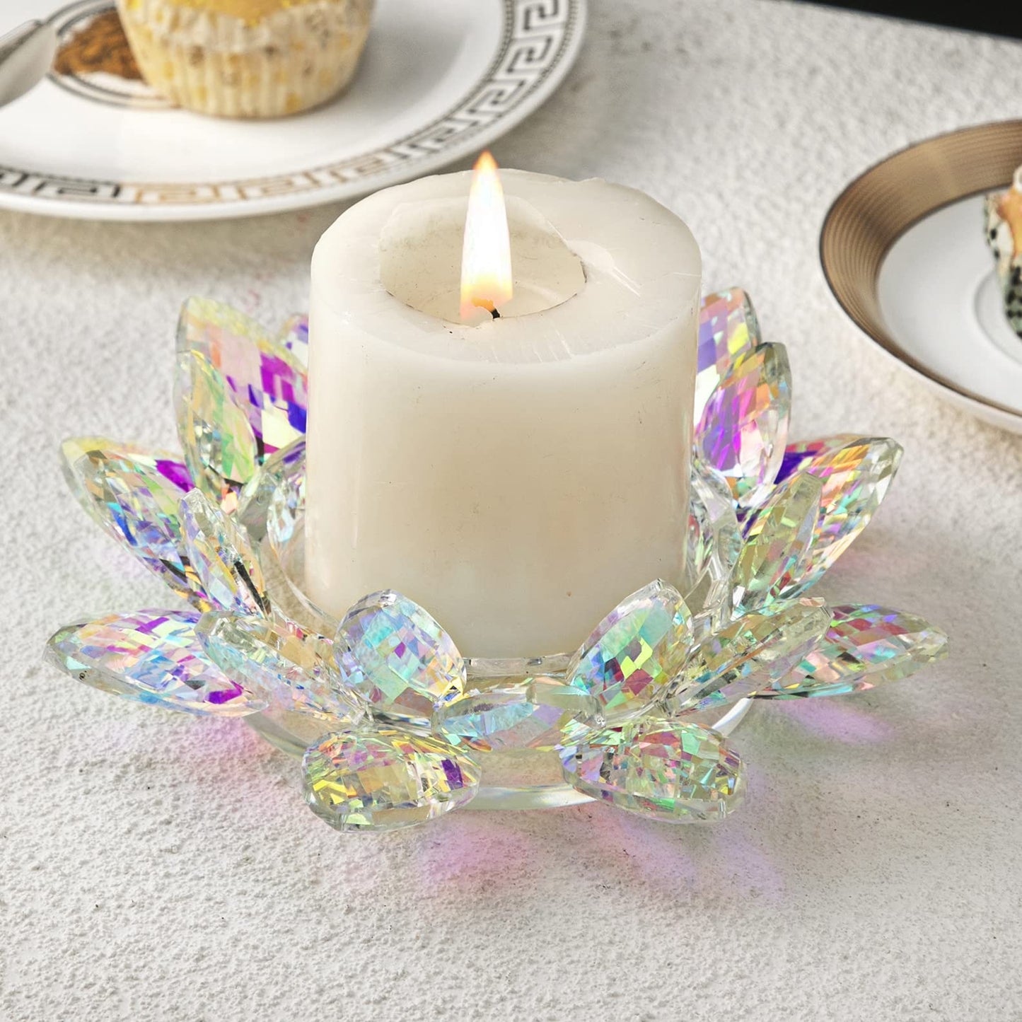 Large Crystal Lotus 7'' Width Candle Holder Tealight Pillar Candle Plate Candlestick, Glass Votive Candle Holder for Christmas Wedding Dinner Table Decor