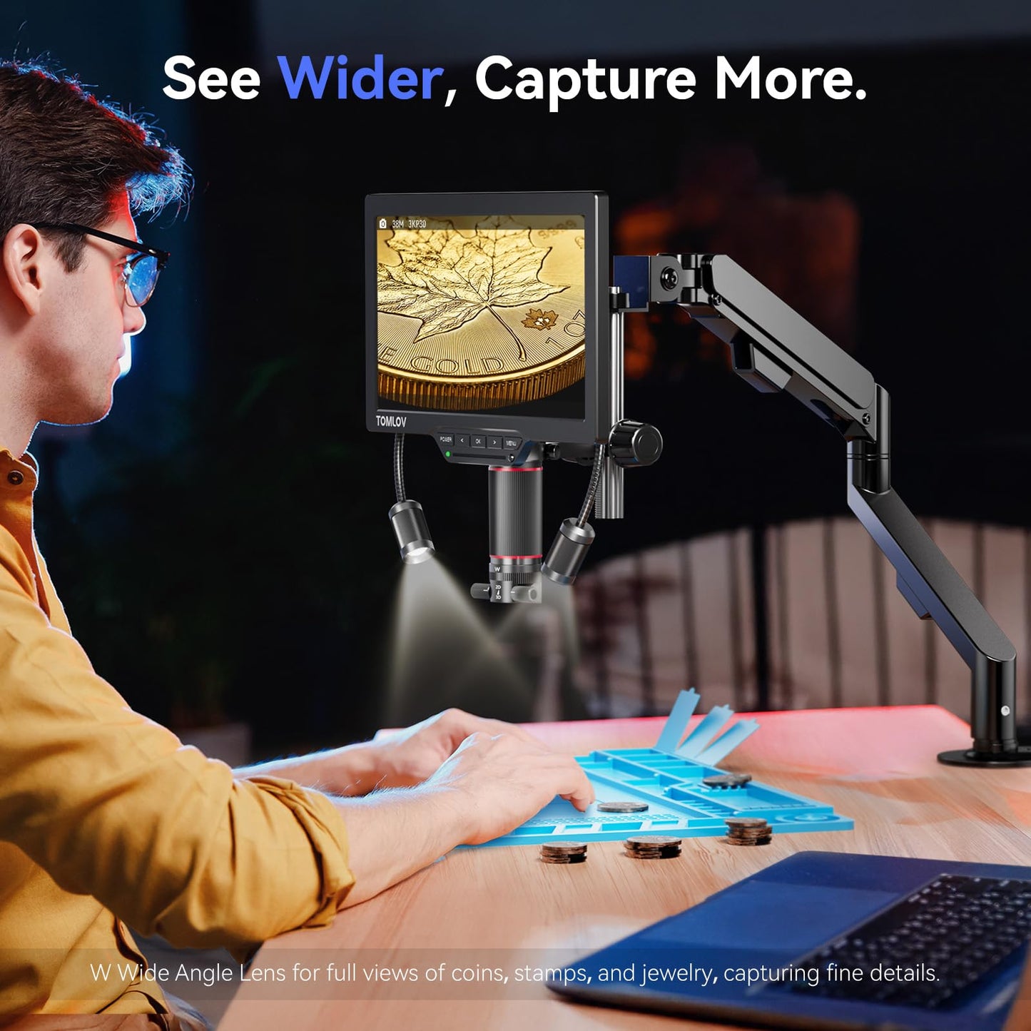 TOMLOV 3D Digital Soldering Microscope: Magnetic Dual Lens Micro Scope TM3K-3D Max For Adult, Coin Microscope with Flex Arm, 3K 10.1-Inch IPS Screen, HDMI/USB Output, Gooseneck Light, Repair Mat, 16GB