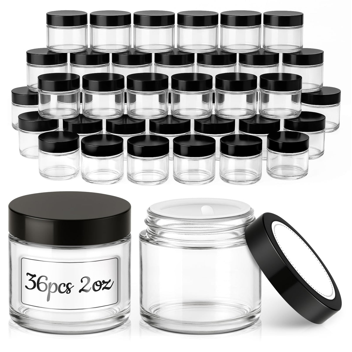 2 oz Glass Jars with Lids, 36 Pack Clear Small Glass Jars with Black Lids Leakproof Round Airtight Empty Cosmetic Travel Containers with Inner Liners For Lotions Powders and Candle Making