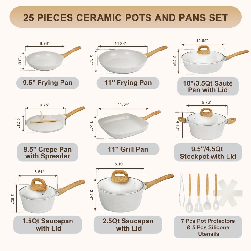 EWFEN Nonstick Pots and Pans Set, 25-Piece Ceramic Cookware Set, Induction Kitchen Cooking Set with Frying Pans Saucepans & Utensils, Healthy Non-toxic, PFAS/PTFE/PFOA Free, White