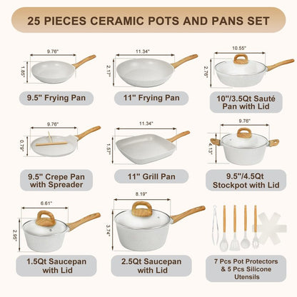 EWFEN Nonstick Pots and Pans Set, 25-Piece Ceramic Cookware Set, Induction Kitchen Cooking Set with Frying Pans Saucepans & Utensils, Healthy Non-toxic, PFAS/PTFE/PFOA Free, White