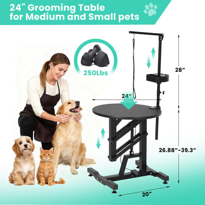 Garvee 24'' Hydraulic Lift Dog Grooming Table, Adjustable Cat Drying Rotating Desktop - Foldable, Adjustable Arm, Portable, Non-Slip Grooming Table for Large Small Dogs at Home, Capacity 250LBS