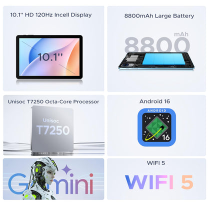POPUX P10 PRO Android 16 Tablet, Tablet 10.1 Inch with 48GB+128GB/2TB, 120Hz Diaplay, T7250 Octa-Core, Tablet Android with 8800mAh, Widevine L1, Gemini AI, 13MP+5MP, Face ID, Keyboard, Pen, Blue