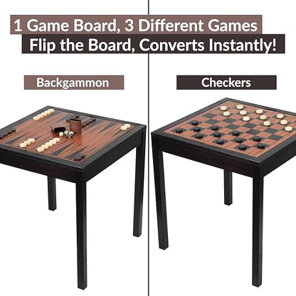 Sterling Games Wooden Chess Table | Chess Checkers and Backgammon 3 in 1 Combo Game Table Furniture Set 25 x 25 4 King Dark Zebra