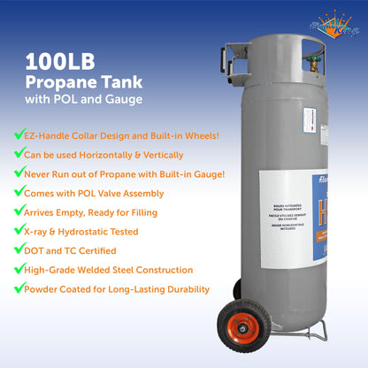 Flame King 100LB Empty Propane Tank with Wheels, Horizontal & Vertical LP Cylinder with Built-in Gauge for Fire Tables, Fire Pits, Patio Heaters, Barbeques, Lunch Trucks, Weed Torches & Truck Campers