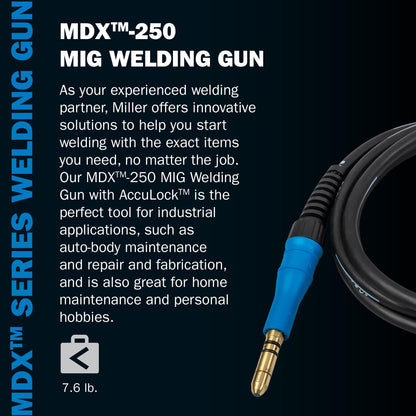 Miller MDX-250 MIG Welding Gun with AccuLock - Air-Cooled Welder Gun with 15 ft Cable - Easy-Grip Electric MIG Gun - Pulse Welding Capable MIG Torch - MIG Welder Gun with Optimized Wire Feeding (250A)