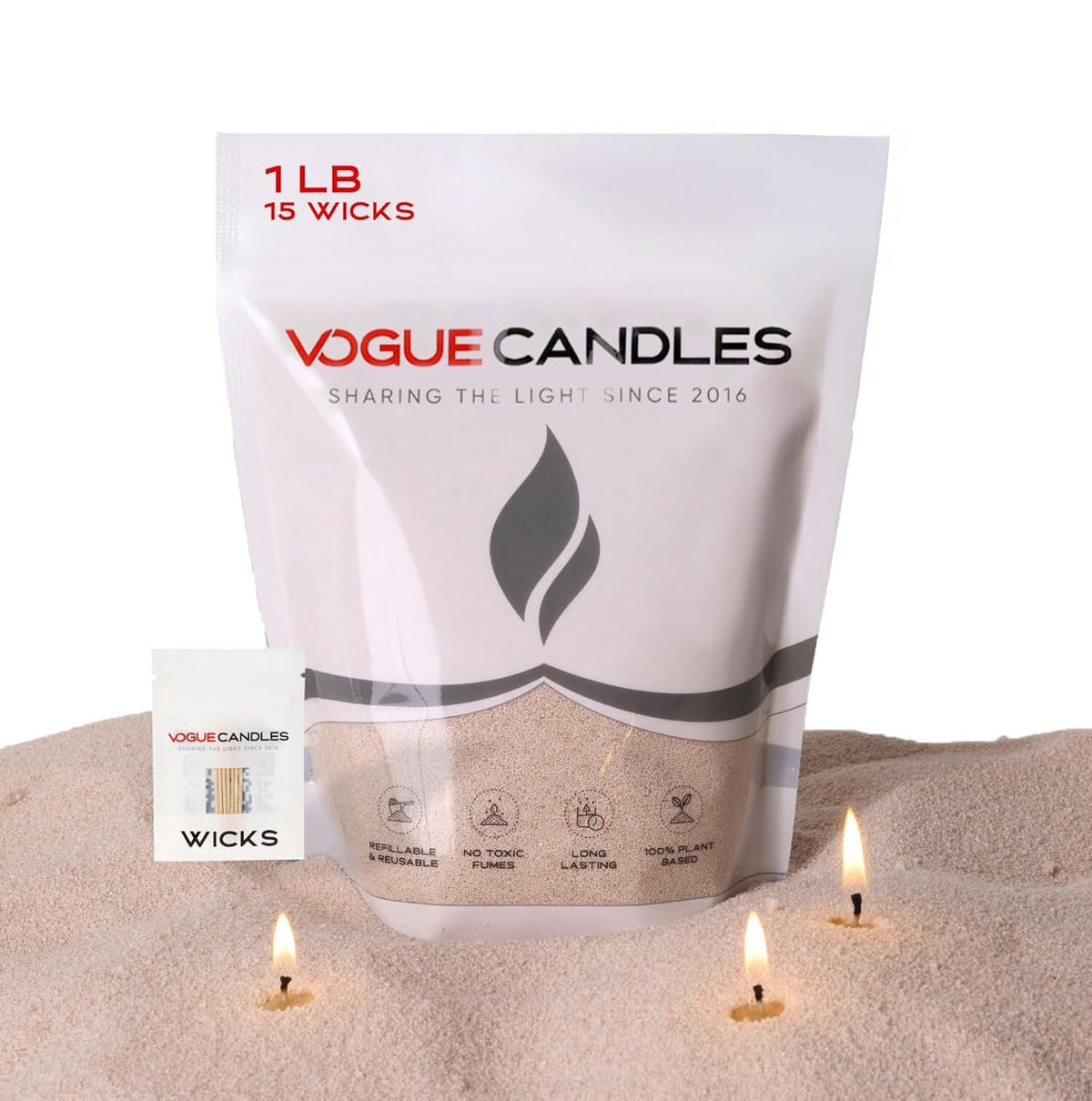 Vogue Candles Nude Pearled Candle Sand Wax (1 LB) – Sand Candle Kit with 15 Cotton Wicks for DIY Home Lighting – Plant-Based & Reusable Wax Granules Refill for Custom Vessels, Décor and Dad Gifts