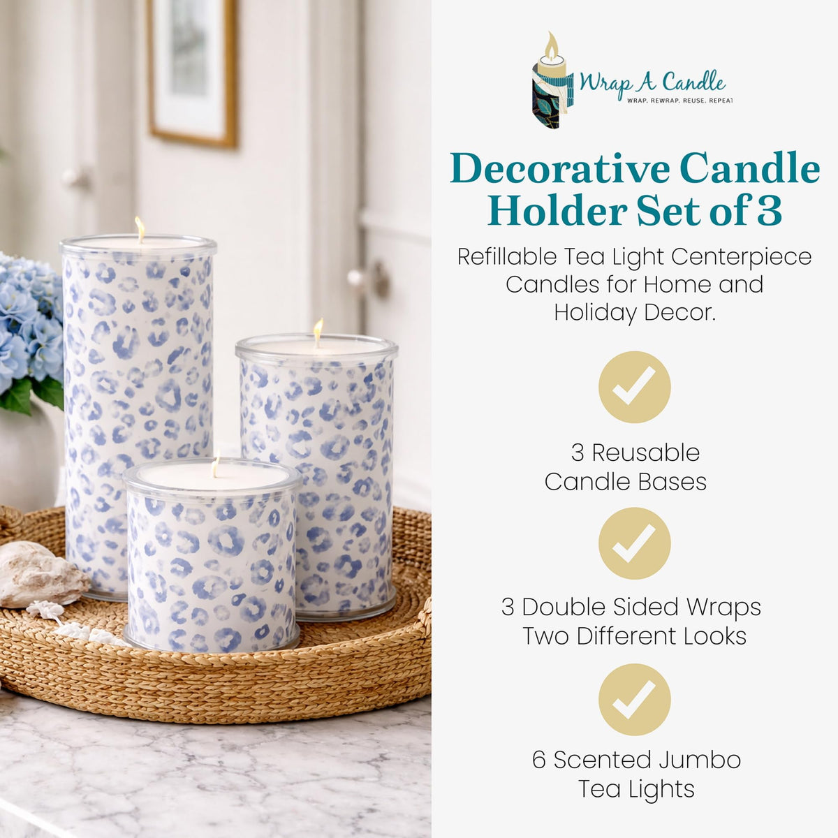 Decorative Candle Holder Set of 3, Table Centerpiece Candle Decor for Home Decor Candles, Reusable Pillar Candle Alternative with Interchangeable Wraps, Tea Light Holder Giftable Holiday Accent