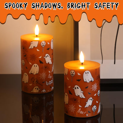 Girimax Burnt Orange Halloween Flameless Pillar Candles with Remote, Ghost LED Wax Candles Battery Operated Set of 3