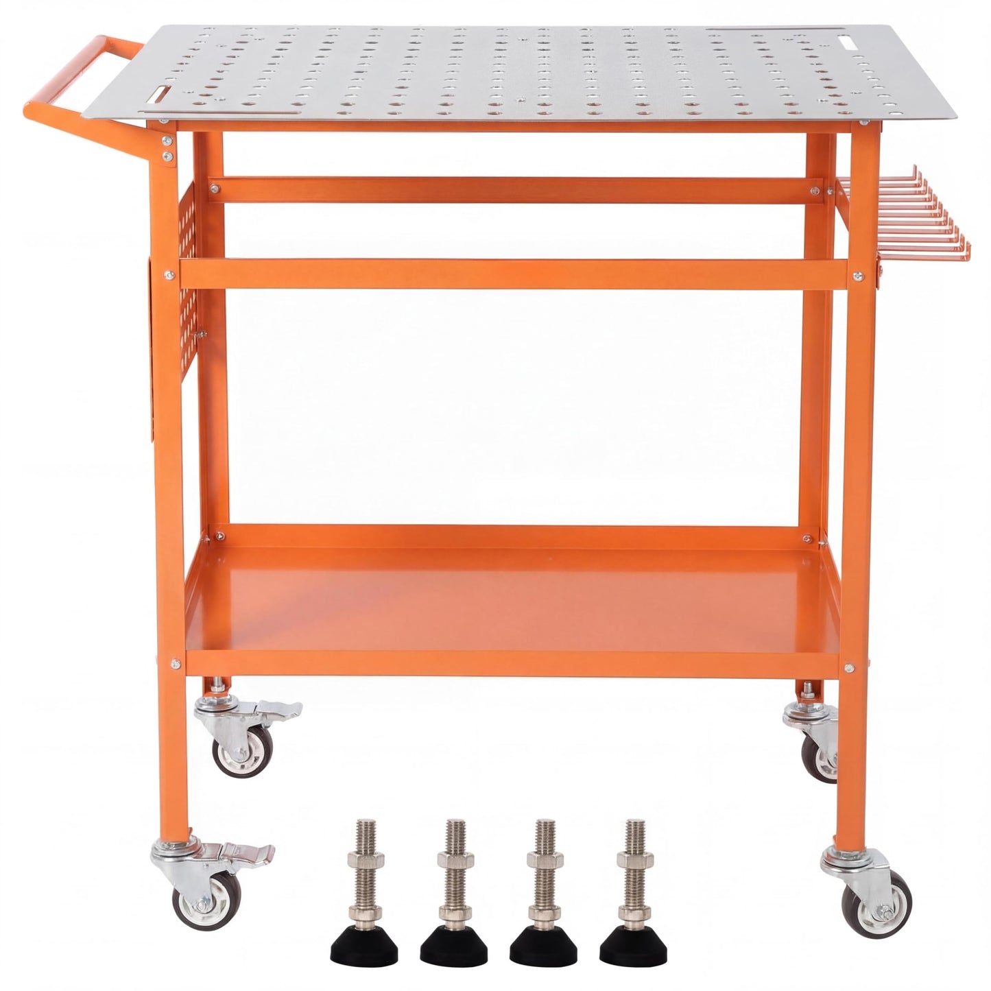 800LBS Welding Table, 36"x24" Portable Welding Workbench with 2 Brake Wheels & 4 Feet, Heavy Duty Steel Frame, Side Pegboard, Hooks and Tool Tray, for Garage Workshop, Orange