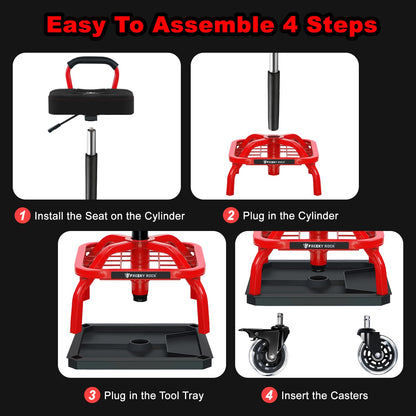 FREEKYROCK Rolling Shop Stool with Wheels, Garage Mechanic Shop Chair with Handle Backrest, Adjustable Height Work Stool, Roller Seat with Tool Tray Storage, Heavy Duty, 330 LBS Capacity, Red