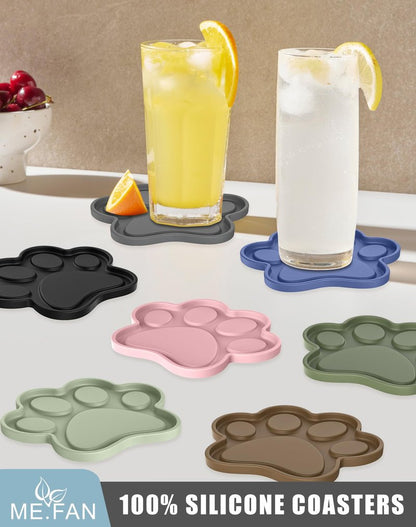 ME.FAN Silicone Coasters 6 Pack Paw Cup Mat with Holder, Dog Cat Paw Shape, for Hot or Cold Drink, Non-Slip, Non-Stick, Room Decor, Housewarming Dusty Rose