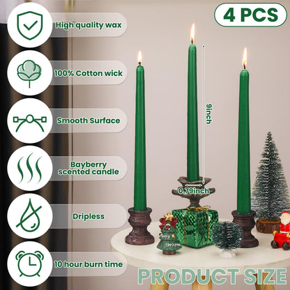 Conelist 4 Pcs 9 Inch Christmas Bayberry Scented Tapers Candles - Green Bayberry Legend Dripless Beewax Candle Sticks with Cotton Wick - Gift for Christmas Holiday Celebration