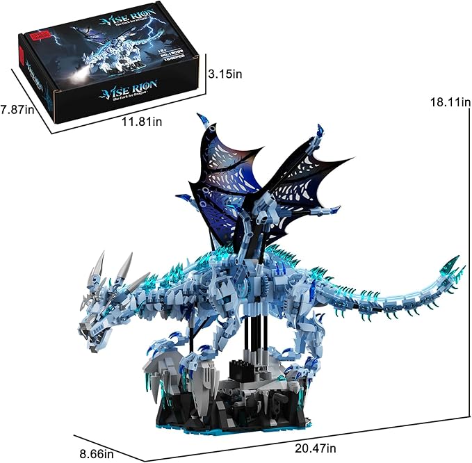Mechanical Ice Dragon Building Block Toy Kit with LED Light Movable Linkage Gears Display Stand - Fantasy Dragon Model Kit for Teens &amp Adults 1646 PCS