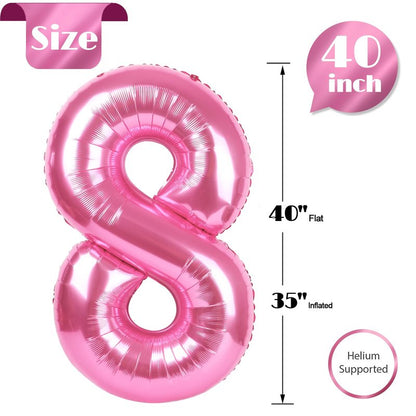 Pink 8 Balloon, Number Balloons 40 Inch, 8th Birthday Decorations for Girls, Birthday Balloons, Pink Party Supplies, Number 8 Balloon