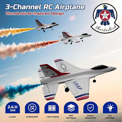 DEERC F16 Thunderbirds RC Plane3CH Remote Control Airplane Fighter Toys2.4GHz 6-axis Gyro Stabilizer RTF Glider Aircraft Plane with 2 BatteriesEasy to Fly for Beginners Kids Adults