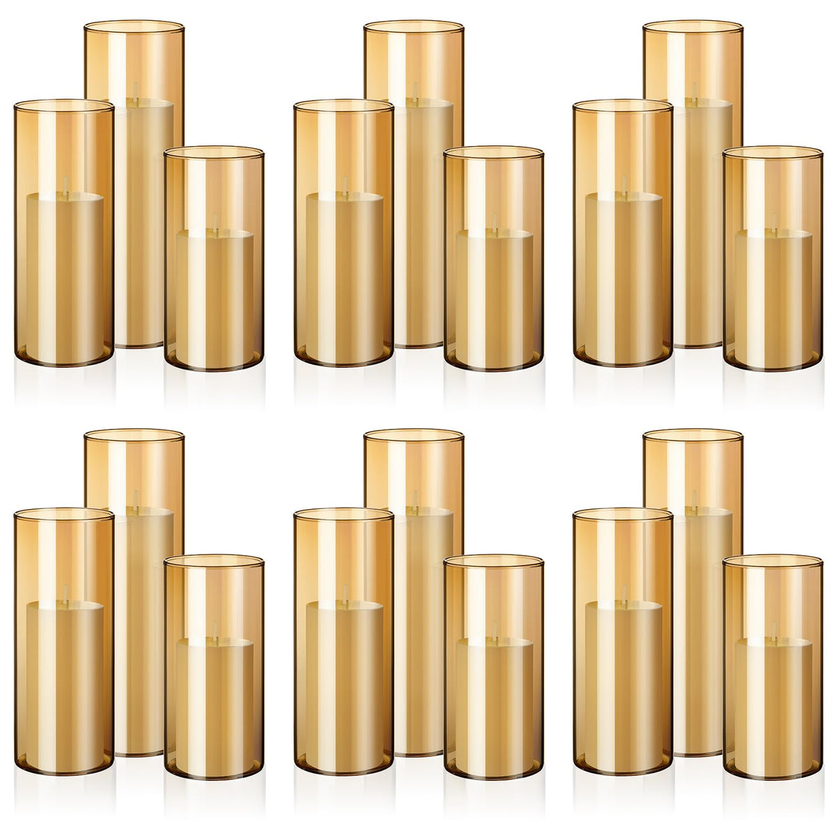 Shihanee 36 Pcs Pillar Candles and Glass Cylinder Vases Tall Cylinder Holders for Pillar Candles Wedding Centerpieces, Total 18 Sets(2.6'' X 4.7'', 5.9'', 7.9'',Amble,Ivory)