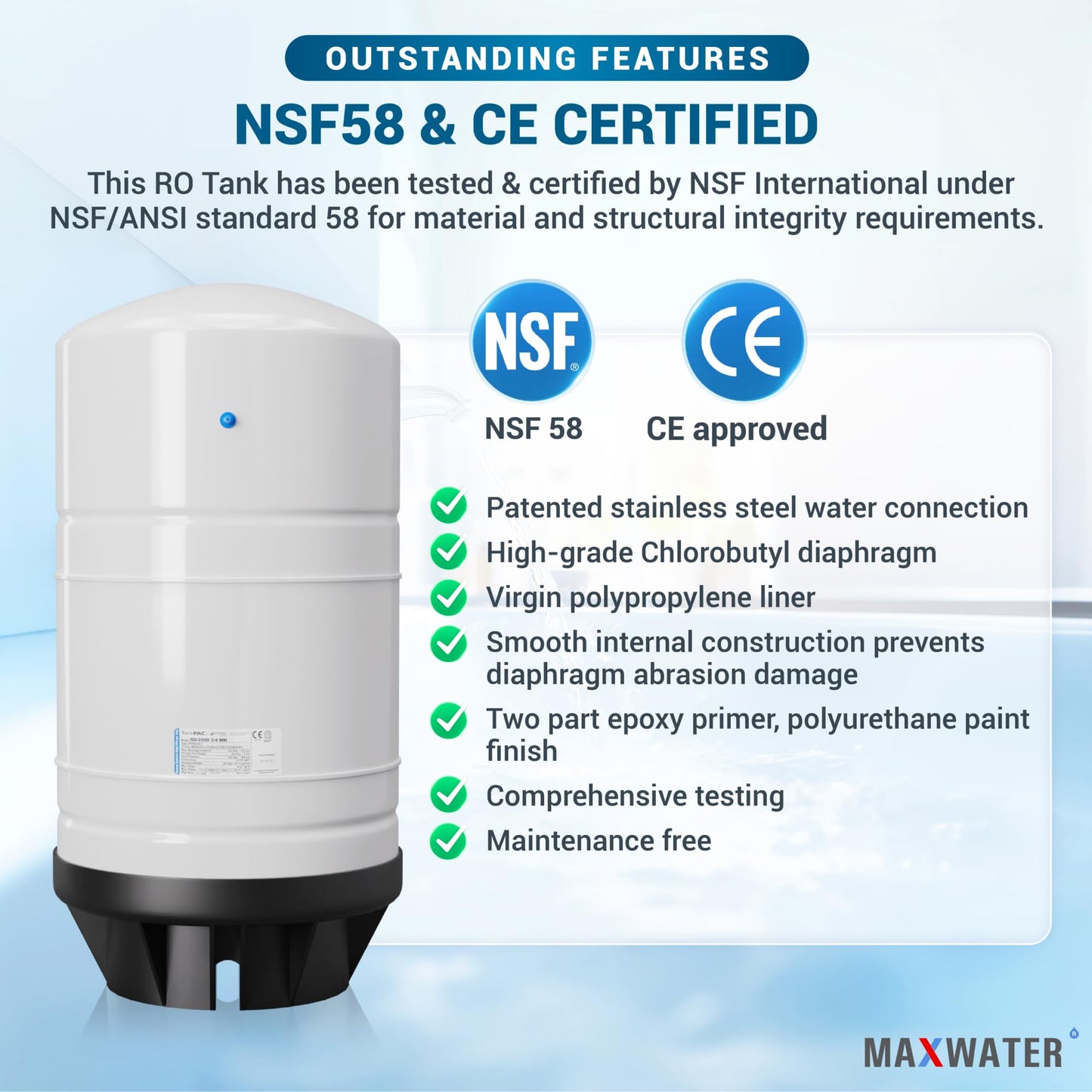 Max Water NSF Certified 20 Gallon Pre-Pressurized Reverse Osmosis RO Tank, with 14 gallons of Water Storage Capacity, White