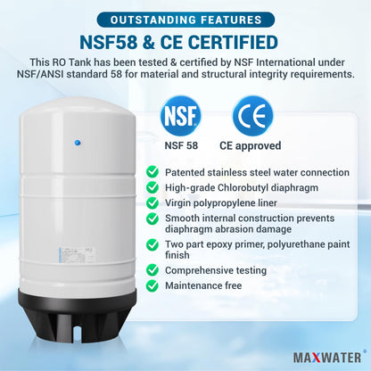 Max Water NSF Certified 20 Gallon Pre-Pressurized Reverse Osmosis RO Tank, with 14 gallons of Water Storage Capacity, White