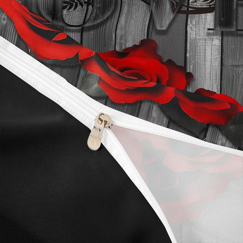 Erosebridal Red Rose Bedding Set King Red Black Valentine's Day Comforter Cover for Girls Women Men Couple,Romantic Floral Duvet Cover Rustic Farmhouse Bed Set with Zipper 2 Pillow Cases Grey