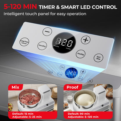 TERUISI Commercial Dough Mixer, 13.8QT Electric Dough Maker with LED Display Timer Ferment Function, Countertop Bread Mixer Kneading Machine with Stainless Steel Removable Bowl for 18LBS Flour Pizza