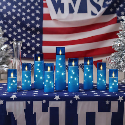 Raycare Independence Day Flameless Candle with Remote Timer – 9 Flickering Acrylic Battery Operated LED Pillar Candles with Embedded Star String for 4th of July Home Patriotic Decor, as a Gift (Blue)