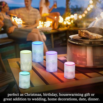 ALAZA Silver Winter Abstract Snowflakes Christmas Flickering Flameless Candles Battery Operated with Remote Timer,Tea Light Candles LED Pillar Votive Candles Set of 2 for Outdoor Indoor Decorations