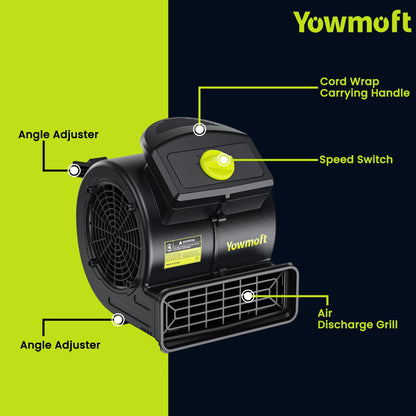 YOWMOFT Air Mover, Powerful 100W Carpet Dryer for Cooling, 550 CFM Floor Drying Fan with 4-Speed & 3 Blowing Positions, Floor Blower For Janitorial, Plumbing, Home, Commercial, Industrial Use