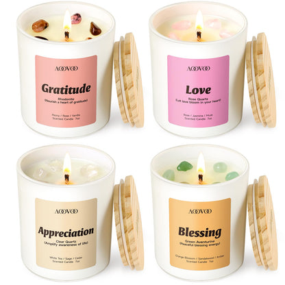 AOOVOO Fathers Day Candles Set for Dad - 4 Pack Candles for Home Scented, Aromatherapy Candle with Crystals, Gratitude Rhodonite/Appreciation Clear Quartz/Blessing Aventurine/Love Rose Quartz