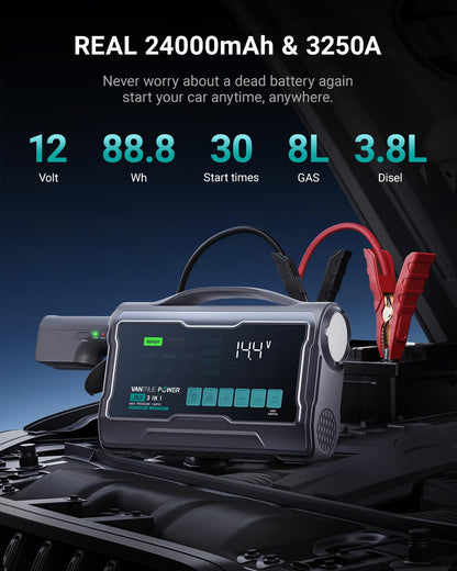 VANTRUE POWER JS3 Real 3250A Jump Starter with Air Compressor 160PSI, 12V Car Battery Booster with 9" Large Display, Jump Box with Light, 65W Fast Charging Power Bank, 8.0L Gas/3.8L Diesel Engines