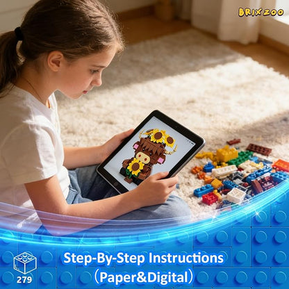 Highland Cow Building Blocks Set Collectible Animal Building Toy Creative Scottish Cow Sunflower Brick Set for Adults &amp Kids (Age 3+) DIY Home Office Decor STEM Education-Gift Ideas