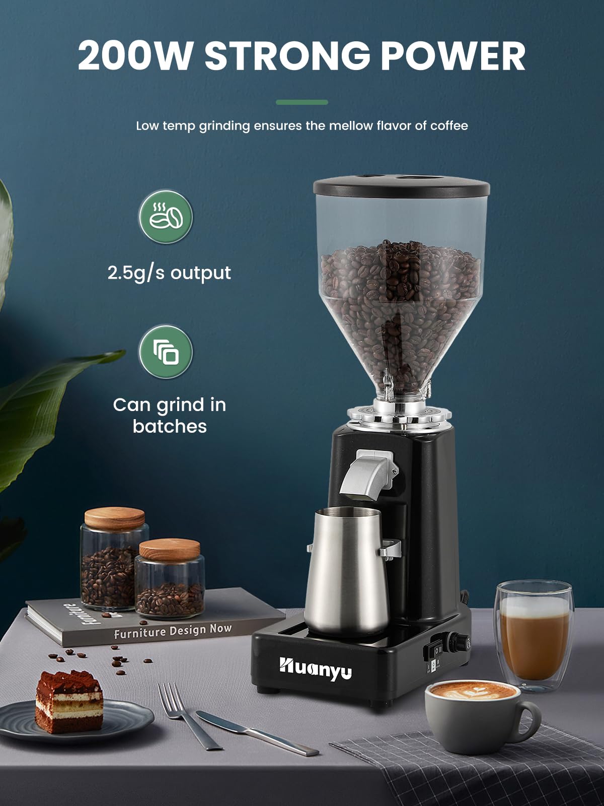Huanyu Burr Coffee Grinder- Stainless Steel Flat Burr, 19 Precise Grind Settings, 35oz Capacity and Dual Dosing for Espresso, Pour Over, French Press, Black