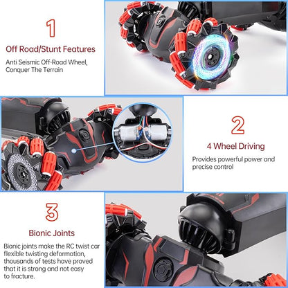 Gesture Sensing RC Stunt Car 2.4 GHz 4WD Remote Control Car 360° Rotate Transform Off-Road Drift RC Cars with Cool Lights Music Ideal Presents for Boys Girls for Birthday (Red)