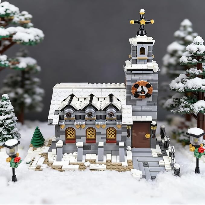 Winter Chapel Architecture Building Blocks Set Christmas Themed MOC Snow Village Church House Model Kit Vacation Holiday Building Gift for Adults Women &amp Teens (1074pcs)