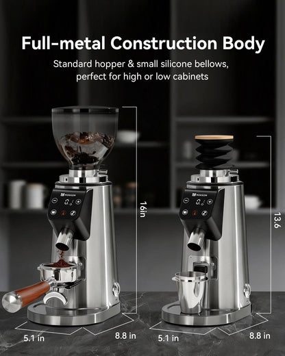 MOKKOM Professional 64mm Flat Burr Coffee Grinder with 100 Grind Settings, All-Metal Stainless Steel Body, Coffee Bean Grinder with Adjustable Electronic Timer, Anti-Static, LED Display