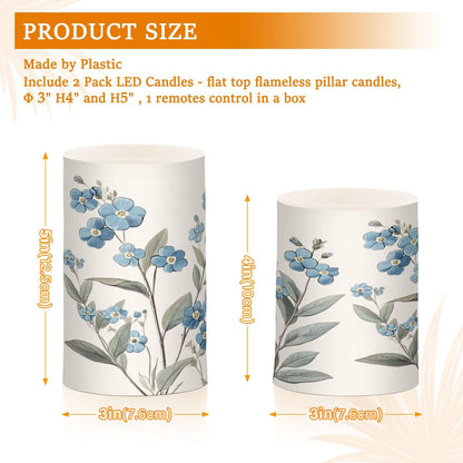 WEVIBOFU Blue Flowers Leaves Painting Flickering Flameless Candles LED Battery Operated with Remote Timer Pillar Candles for Home Birthday Wedding Christmas Decor, Set of 2