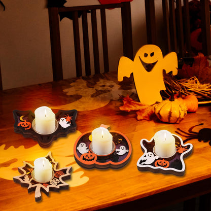 Halloween Tea Light Candle Holders 1PCS Wooden Ghost Tealight Holders with Metal Cups for Halloween Party, Table Centerpiece & Home Décor(White-Ghost)