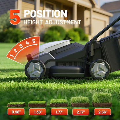 Litheli 14 Inch Cordless Lawn Mower, Brushless Battery Powered Push Mower with 5.0Ah Battery, 5-Position Height, 9-Gallon Bag, Lightweight Grass Cutter for Small to Mid-Sized Yards