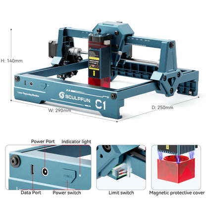 SCULPFUN C1 Mini Laser Engraver, 3W Portable Laser Engraving Machine with 0.04mm Ultra Fine Spot, Work for DIY Beginners,Plywood,Leather,Kraft Paper,Slate, Engraving Area 150 * 130mm