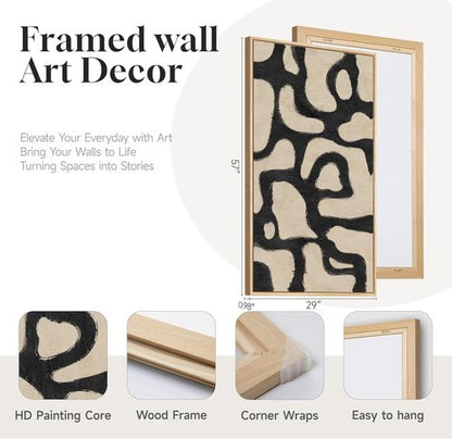 Framed Neutral Abstract Wall Art - Extra Large Black & Beige Canvas Print | Modern Mid-Century Decor 30x60 Inch