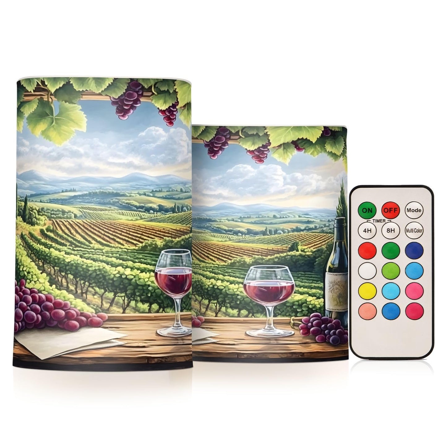 ALAZA Flickering Flameless Candles Red Wine Bottles with Grapes Window Battery Operated Candles with Remote Timer LED Pillar Votive Candles Set of 2 for Holiday Decor