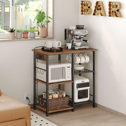 MAHANCRIS Bakers Rack with Power Outlet, Microwave Stand with Adjustable Mesh Rack, Coffee Bar Station, Kitchen Storage Racks with 6 S Hooks, for Kitchen, Dining Room, Rustic Brown and Black BRHR80E01