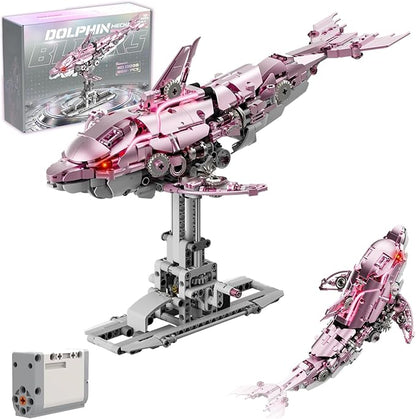 Mechanical Pink Dolphin Building Blocks Linkage Kit Sea Animal Model with Lighting Display Stand STEM Power Toy DIY Desktop Ornament for Kids &amp Adults Ages 12+ Birthday Gift Idea 888pcs