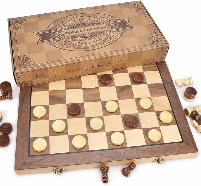 AMEROUS 15'' Magnetic Wooden Chess &amp Checkers Game Set -2 Extra Queens -24 Cherkers Pieces - Chessmen Storage Slots Beginner Chess Set for Kids and Adults Classic 2 in 1 Board Games